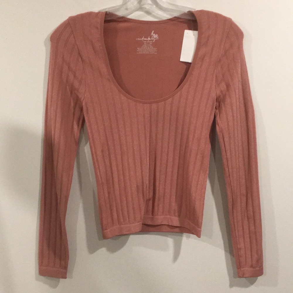 FREE PEOPLE Scoop Neck Shimmer Ribbed Sleeve Top